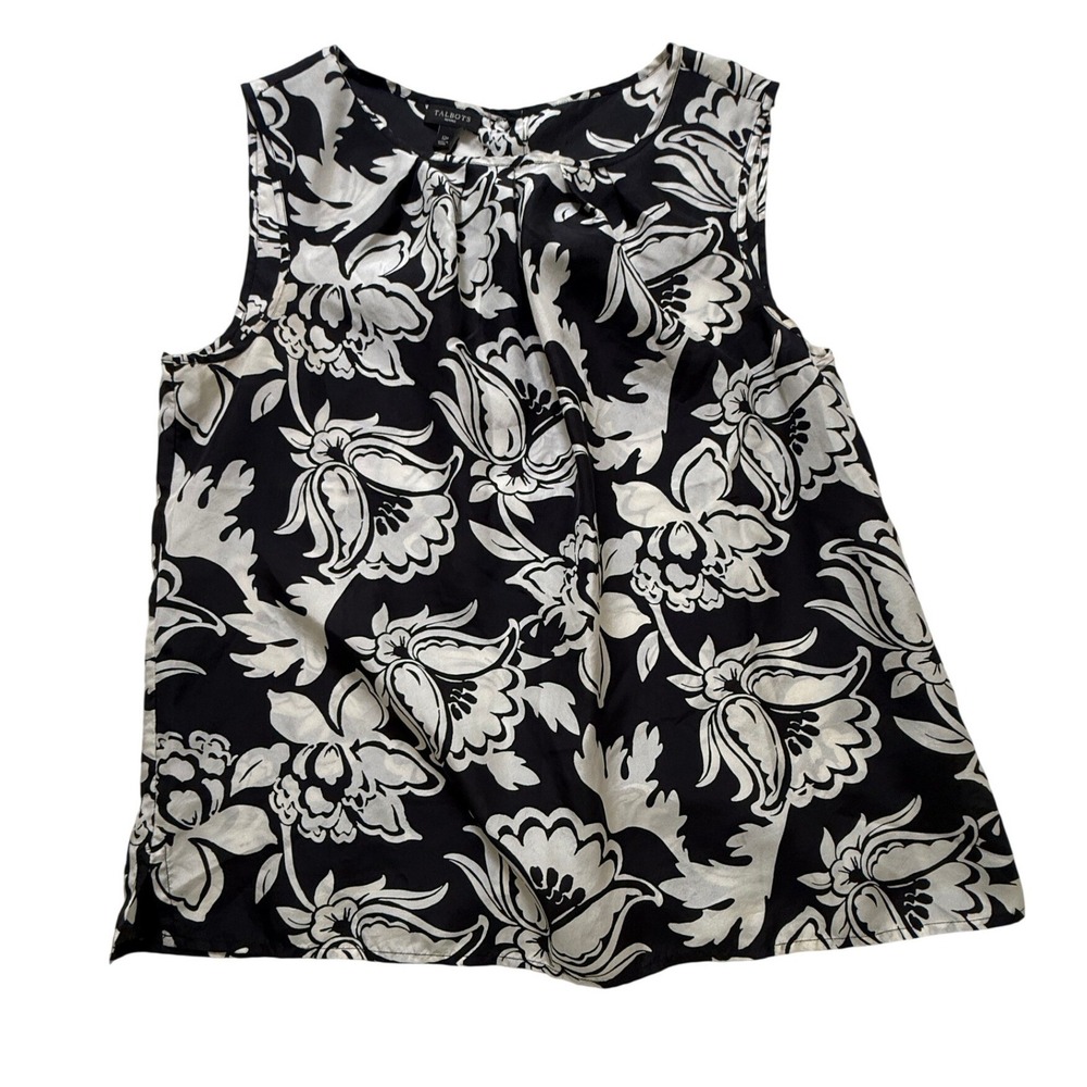 Talbots Silk Floral Blouse Womens 12P Black White Button Back Tank Top